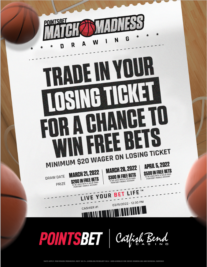 PointsBetIA's tweet photo. The PointsBet Match Madness Sweepstakes! 🏀

That cinderella just ruin your parlay? No worries! Turn that loss into a prize!

Trade in your losing tickets throughout the tournament at our retail location to enter to win prizes and watch the madness unfold! https://t.co/nU73tE5hNF