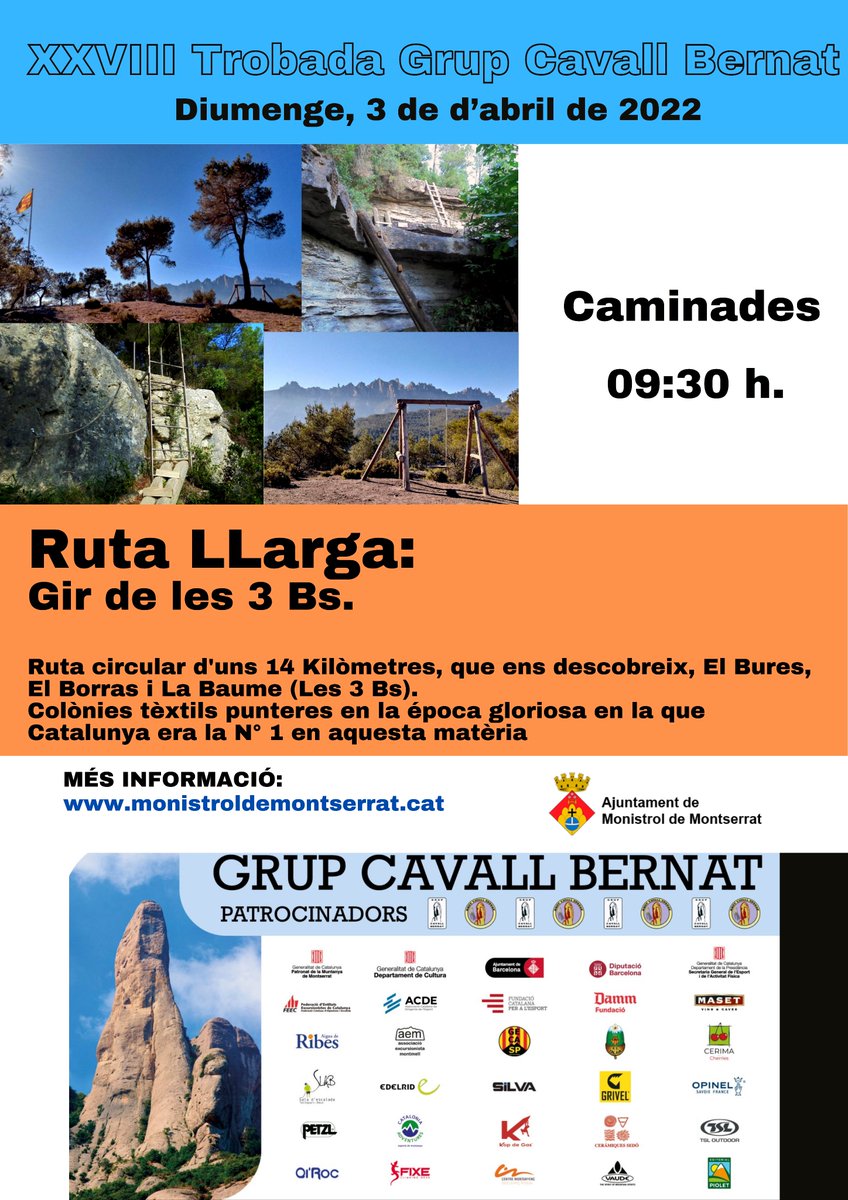 A la 38a trobada  del Grup Cavall Bernat no només hi haurà retrobaments, gresca i xerinola! 
Per qui ho prefereixi, en lloc d'escalar també podeu venir a caminar!
Vet aquí les dues propostes excursionistes que podeu fer pel matí:
<a href="/FEEC_cat/">FEEC</a> <a href="/AjuntamentMonis/">Ajuntament Monistrol</a>