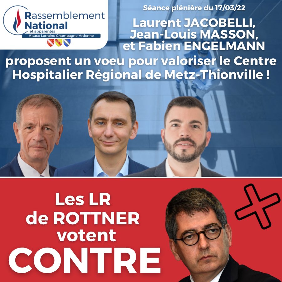 RNGrandEst's tweet photo. @ljacobelli, Jean-Louis Masson et @FabienEngelmann proposent un vœu pour valoriser le Centre Hospitalier Régional de Metz-Thionville !
❌ Les LR de ROTTNER votent CONTRE ! #SPMars22 https://t.co/fei79AcczI