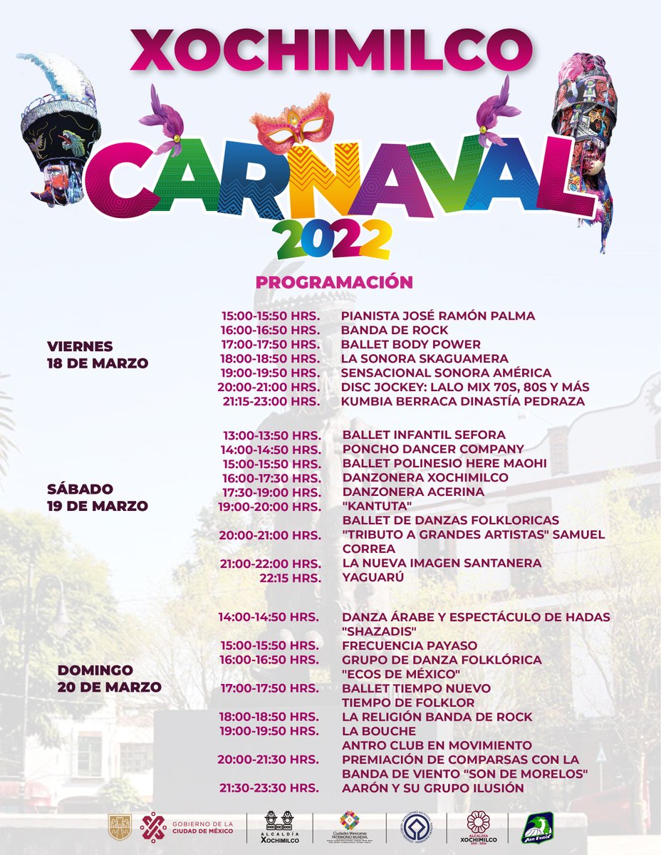 XochimilcoAl's tweet photo. ¡Ya falta muy poco para el #CarnavalXochimilco2022🌌🎉🎇!

#BrincaComoChinelo a partir de mañana a las 15:00 horas, te esperamos en el Centro Histórico de Xochimilco🥁🎷🎶.

Recuerda que debemos celebrar sin bajar la guardia😷. https://t.co/Q3tOCck3M4