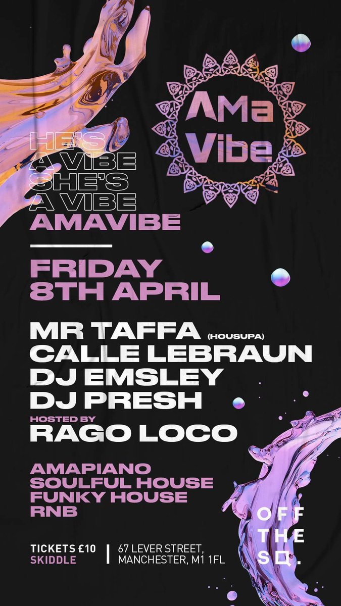 Get yourself down to Off The Square! On Friday 8th April for AmaVibe playing the beat in #Amapiano #SoulfulHouse #FunkyHouse