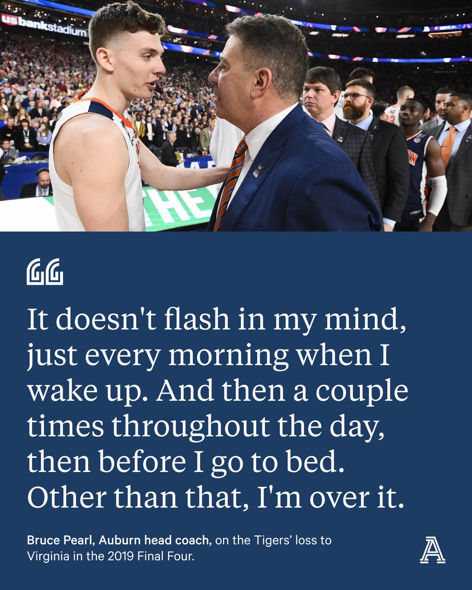 TheAthleticCBB's tweet photo. April 6, 2019:

No. 5 Auburn loses to No. 1 Virginia in the men’s NCAA Tournament Final Four.

Auburn head coach Bruce Pearl was asked if he still thinks about that loss:

(H/T @JFergusonAU) https://t.co/7XVQ5LyIMx