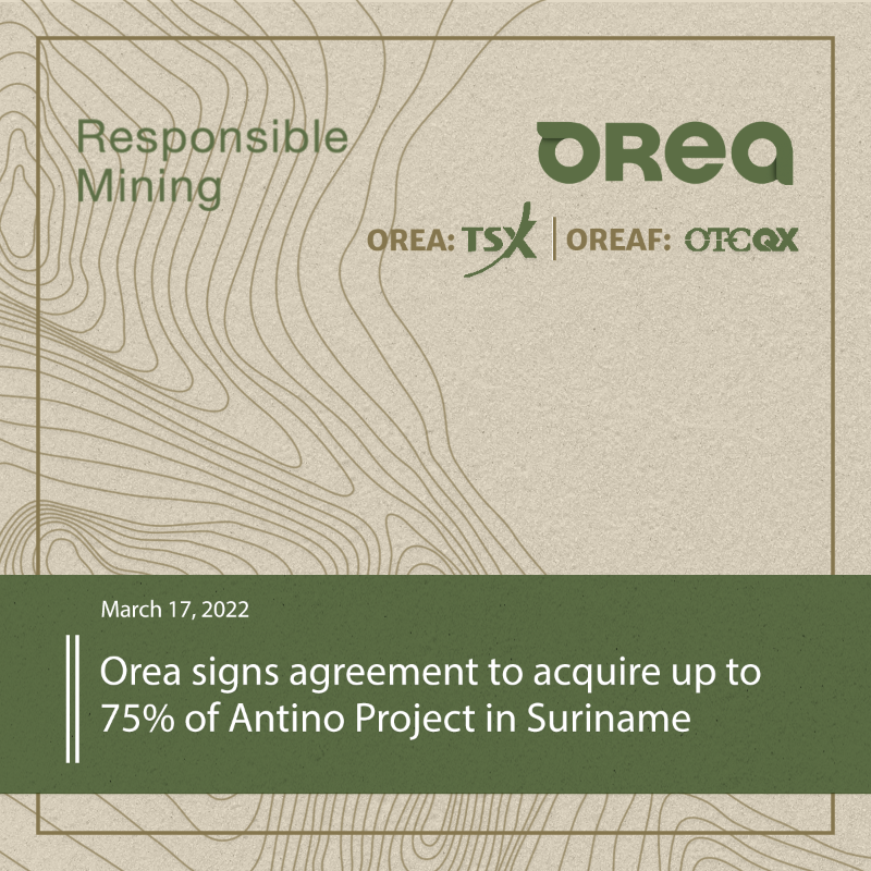 OreaMining's tweet photo. Exploration begins in #mining-friendly Suriname as Orea signs agreement to acquire up to 75% of Antino #Gold Project ⛏️

$OREA $OREA.TO $OREAF 

Learn more 👇