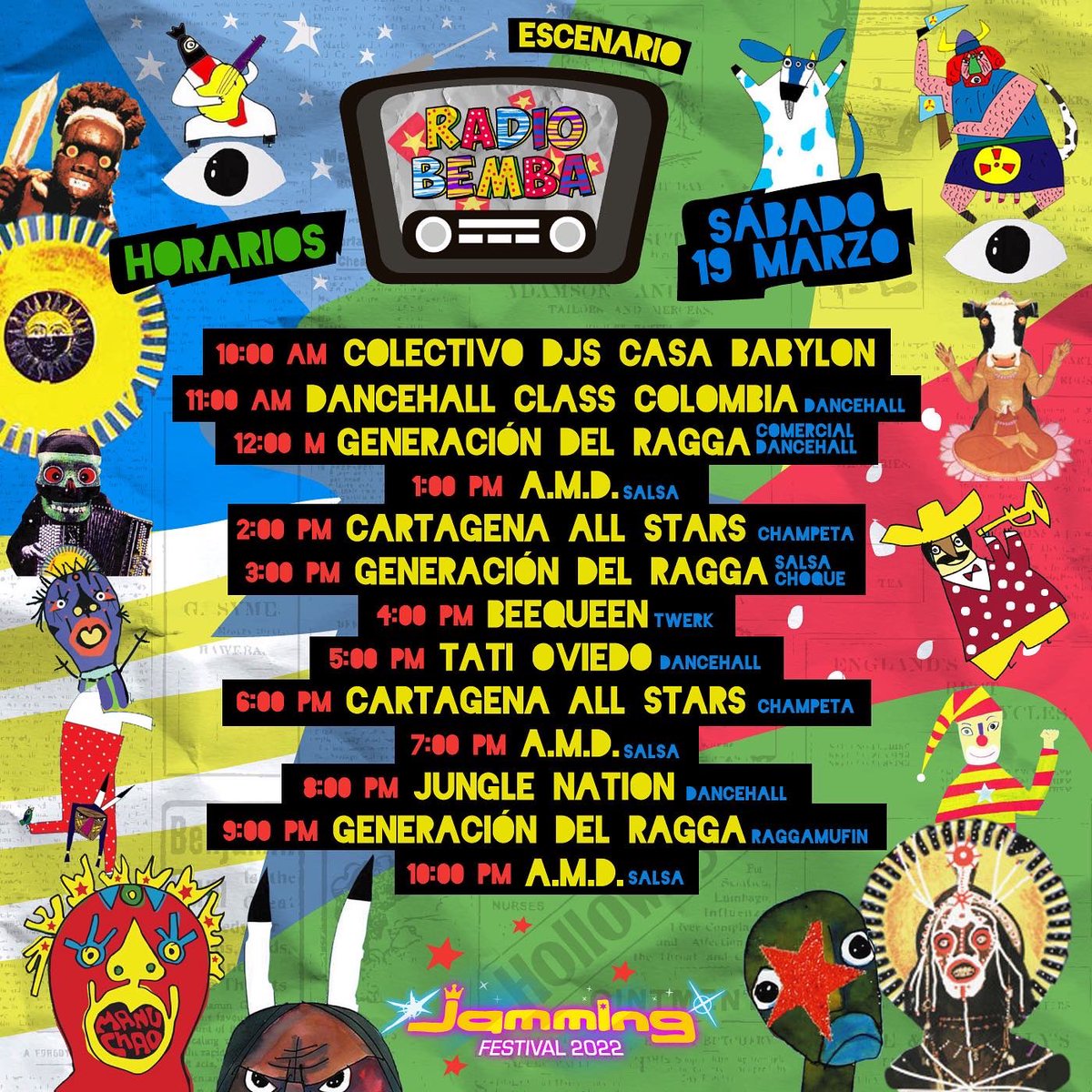 FestivalJamming's tweet photo. 💥🤗 Llegó el momento de armar nuestro itinerario #JammingFestival2022 🤩🌴⚡
Estos son los horarios de la programación del escenario Radio Bemba ⭐ para el próximo sábado 19, domingo 20 y lunes festivo 21 de marzo 🥳 ¡Disfruta el mayor número de artistas que puedas! 🎷🔊🎶 https://t.co/Sh5f6eW4zP