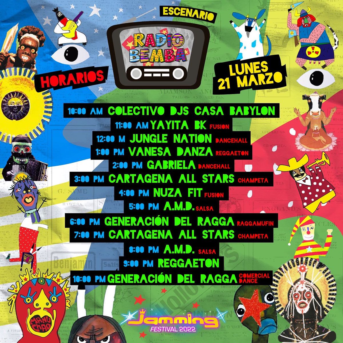FestivalJamming's tweet photo. 💥🤗 Llegó el momento de armar nuestro itinerario #JammingFestival2022 🤩🌴⚡
Estos son los horarios de la programación del escenario Radio Bemba ⭐ para el próximo sábado 19, domingo 20 y lunes festivo 21 de marzo 🥳 ¡Disfruta el mayor número de artistas que puedas! 🎷🔊🎶 https://t.co/Sh5f6eW4zP