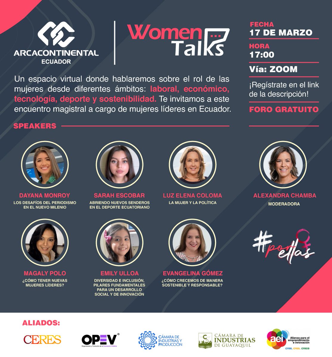 ¡Sé parte de este encuentro con mujeres líderes! 🙋🏽♀ Te invitamos a Women Talks este 📆 17 de marzo a las 17h00, donde mujeres exitosas ecuatorianas nos contarán sus historias dentro de diferentes ámbitos profesionales. 👏🏼👩🏻💼🏞

¡Regístrate aquí! ecuador.arcacontal.com/landingPage/wo…