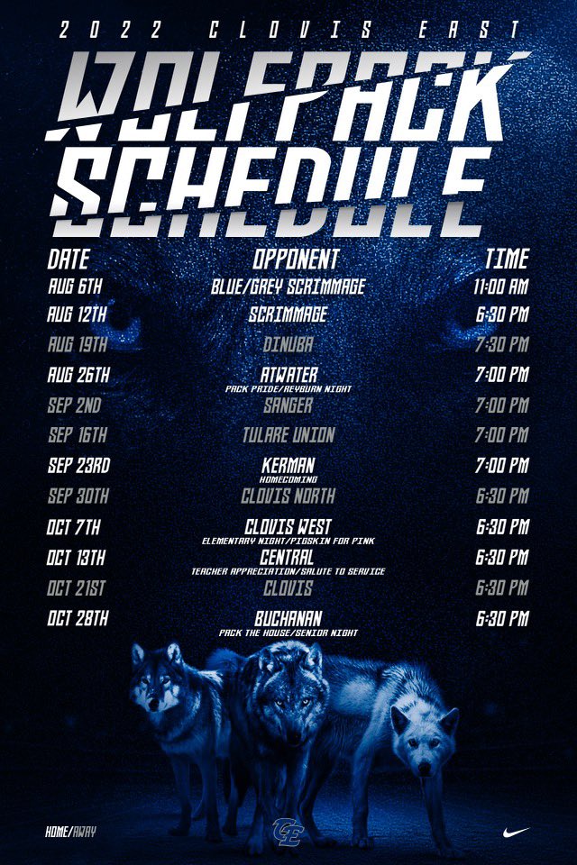 ClovisEastFB's tweet photo. We are pleased to announce our 2022 Schedule! 🐺 🏈 https://t.co/2Pzzswjgmd