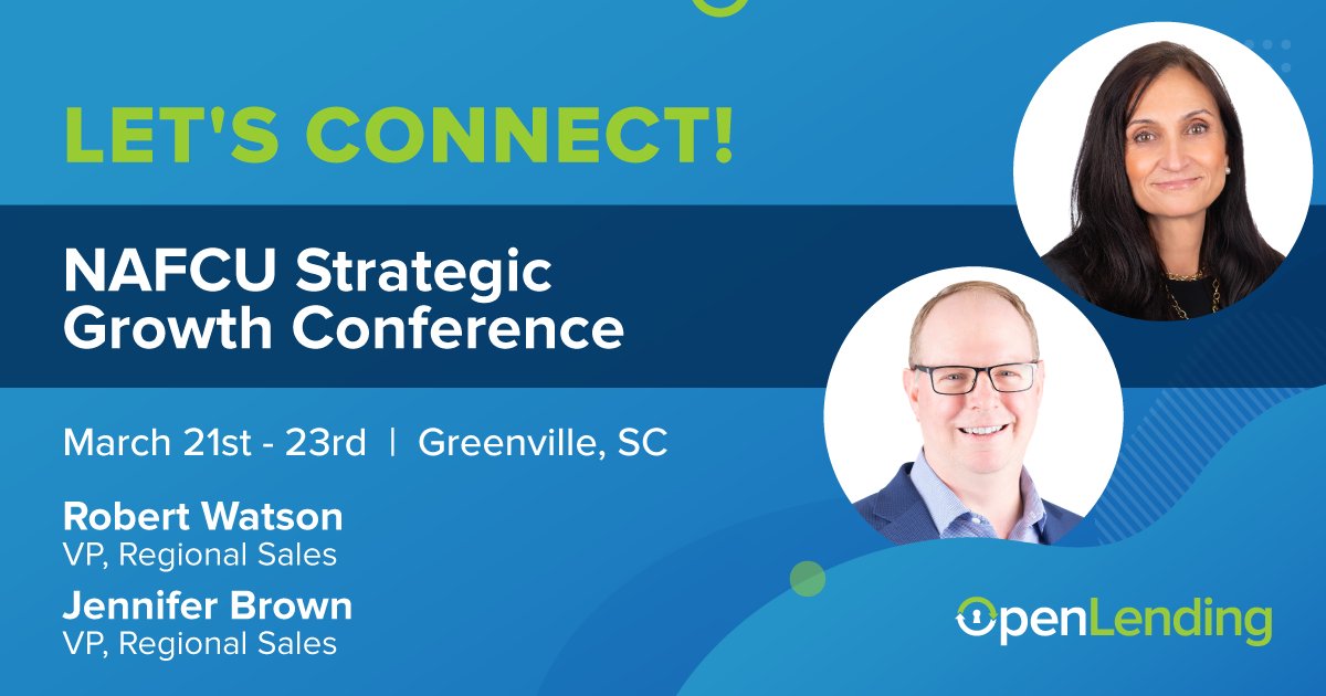 openlending's tweet image. Join us at the NAFCU (National Association of Federally-Insured Credit Unions) Strategic Growth Conference next week in Greenville and stop by our booth to chat with Open Lending's Rob Watson and Jennifer Brown.
.
.
.
#openlending #lendersprotection #NAFCU