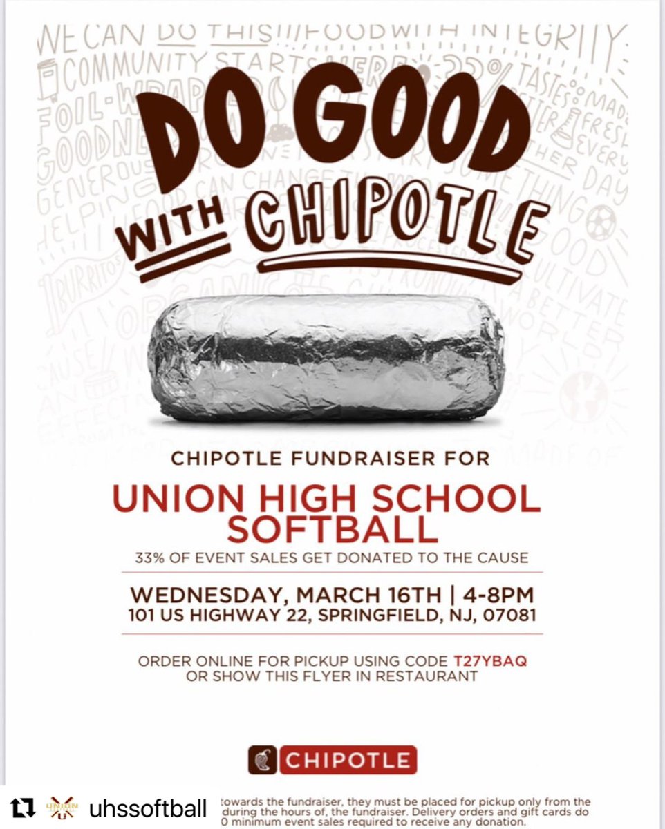 TUPSchools's tweet photo. Thank you to all families, friends, teams, and the Union Community for making it out to Chipotle today to support the Union High School Softball Teams! A huge thank you to @ChipotleTweets & all employees who made today possible! #WeareproudofU #SupportingtheU @UHS_SOFTBALL https://t.co/lc5vhqivbK