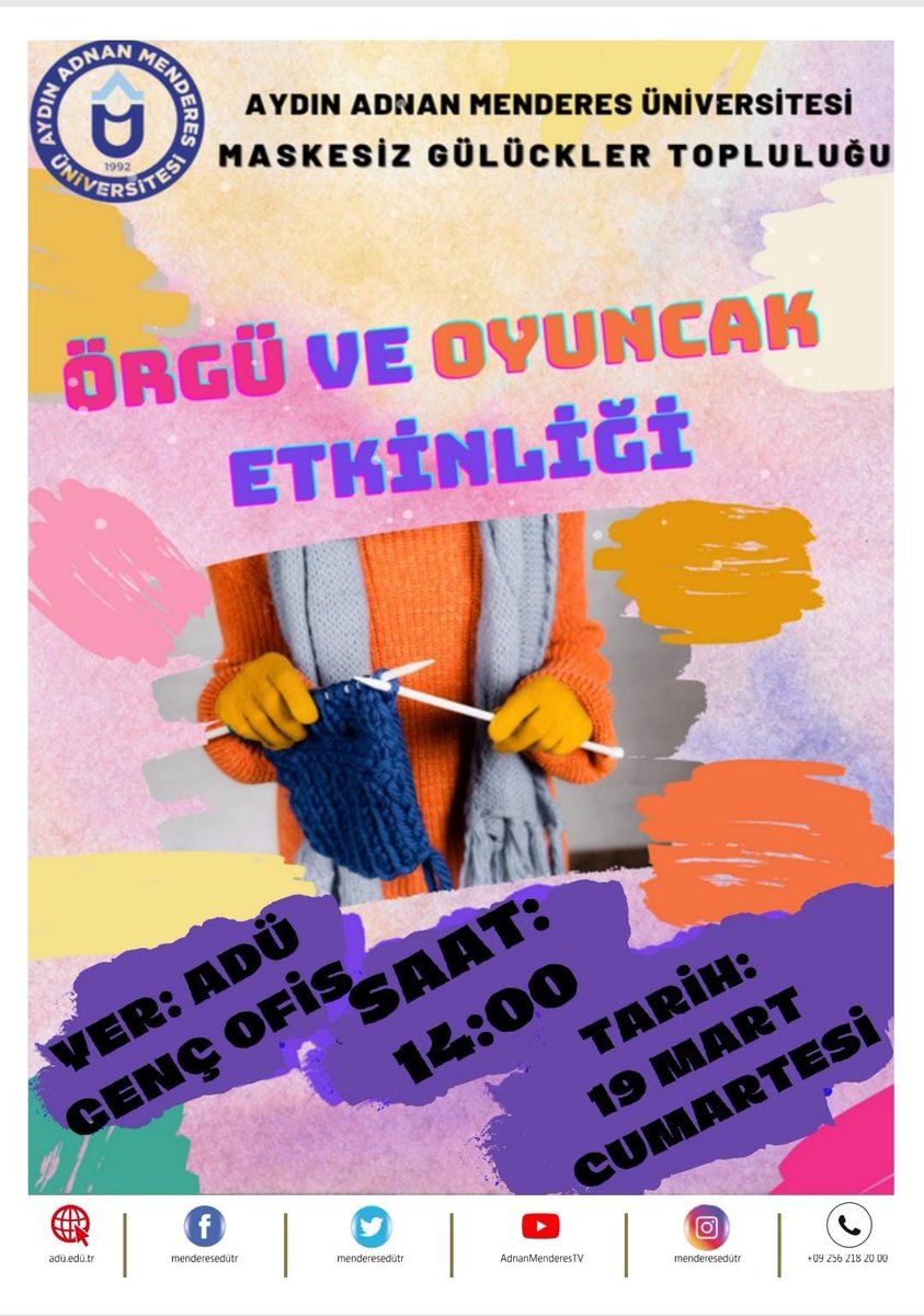 Çocuklarımız için özel iplerden örmeye başladığımız ve onlar için yaptığımız oyuncaklara devam edeceğimiz örgü ve oyuncak etkinliğimizin ikincisi ile sizlerleyiz. Gelin hep birlikte hem eğlenip hem de çocuklarımız için ürünler elde etmeye devam edelim.🧸 
    Yer:Adü Genç Ofis🥳