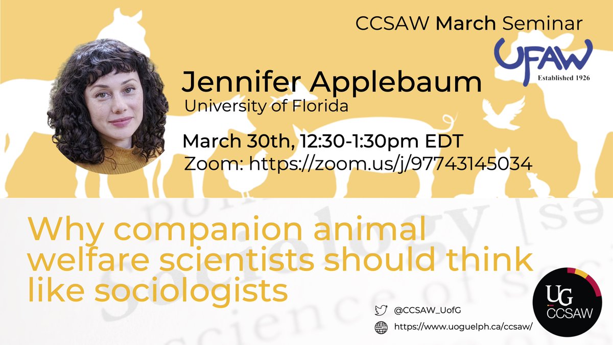 Campbell Centre for the Study of Animal Welfare (@ccsaw_uofg) on Twitter photo Join us March 30 at 12:30pm EDT for the 3rd instalment of our Winter 2022 Research Seminar Series!
<a href="/jwapplebaum/">Dr. Jennifer W. Applebaum</a> will be sharing her talk on "Why companion animal welfare scientists should think like sociologists"! 🐈🐕
Zoom: zoom.us/j/97743145034 Join us March 30 at 12:30pm EDT for the 3rd instalment of our Winter 2022 Research Seminar Series!
<a href="/jwapplebaum/">Dr. Jennifer W. Applebaum</a> will be sharing her talk on "Why companion animal welfare scientists should think like sociologists"! 🐈🐕
Zoom: zoom.us/j/97743145034