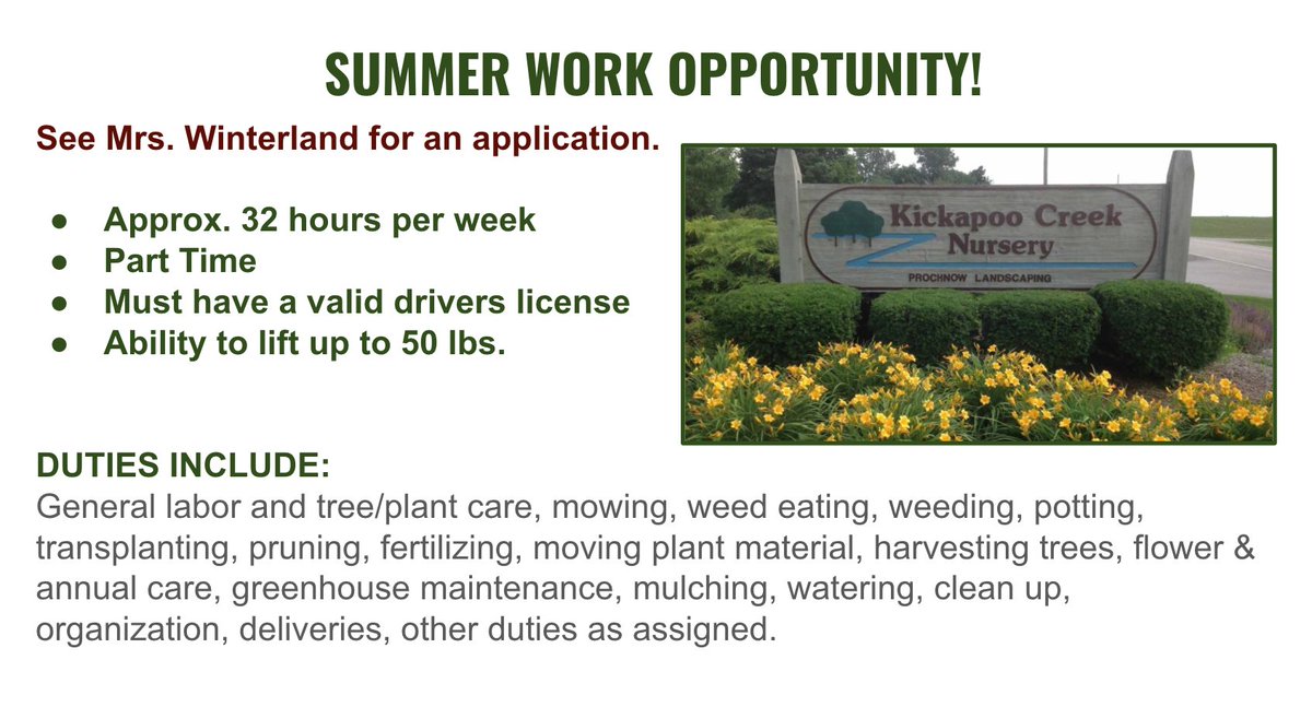 KSoris's tweet photo. Another summer job opportunity for teens.  Kickapoo Creek Nursery in Downs is looking for seasonal employees.  

Pick up an application in my classroom! https://t.co/7BK9H1Z993