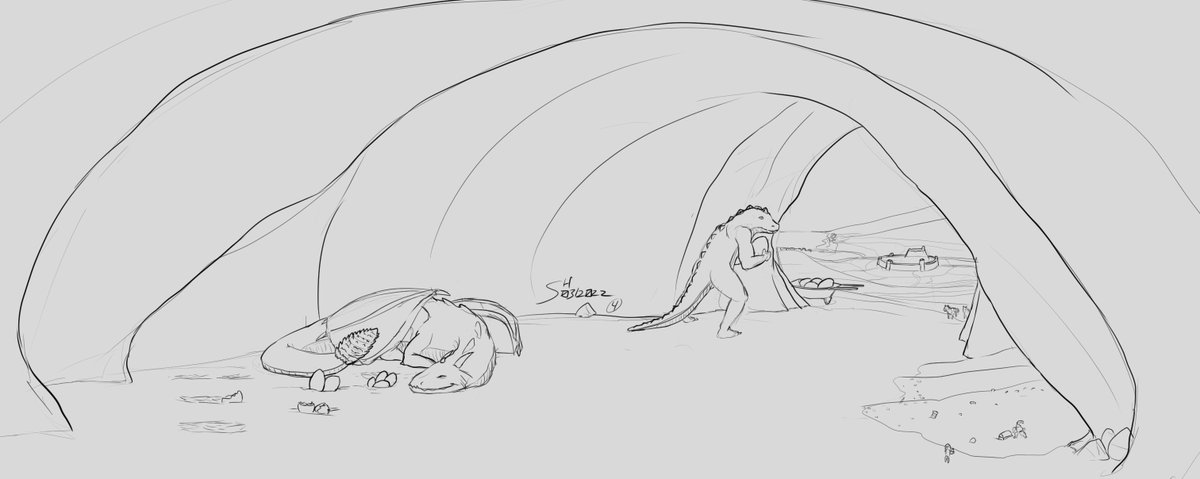 ShadowhideArt's tweet photo. The original idea for this was something I sketched on paper in January 2021. The composition is fairly different but the idea is the same, snatching some eggs from a sleeping dragon. Also some tinies for better sense of scale, otherwise tiny dragon. :P

#MacroMarch https://t.co/PtZDg8ofqm