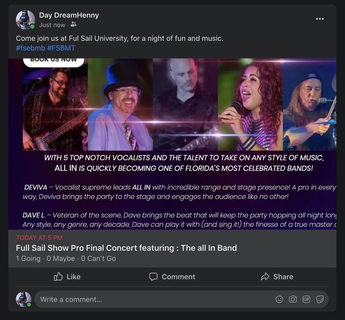 QuiManagement's tweet image. Come join us at Ful Sail University, for a night of fun and music.
#fsebmb #FSBMT #FSLConcert #theallinband.com