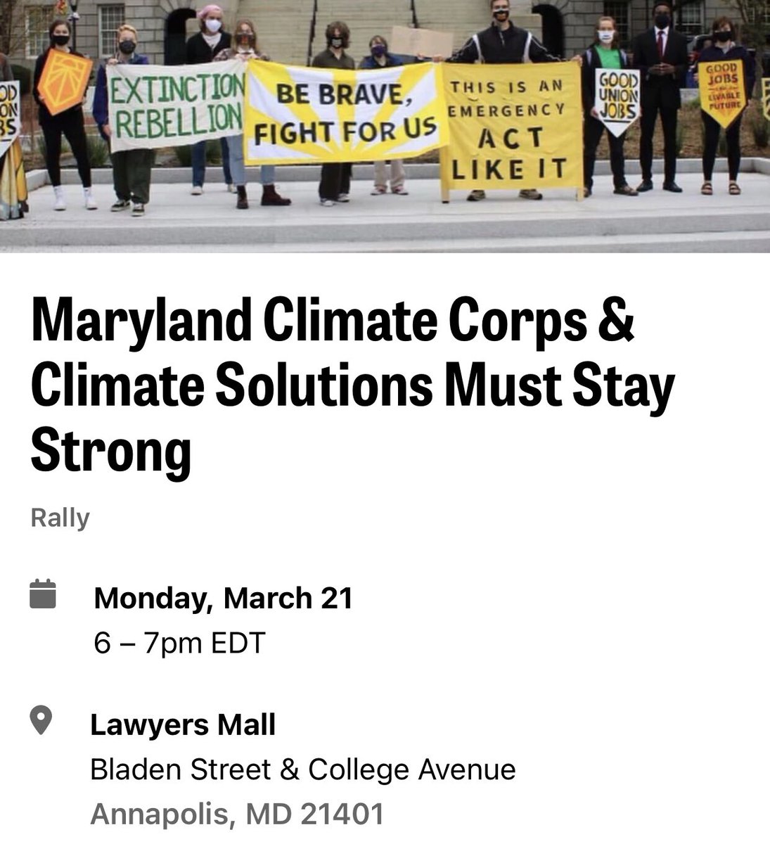 SunriseMaryland's tweet photo. Join us this Monday in Annapolis at 6pm to fight for strong Climate Corps programs and strong Climate Solutions for Maryland! 

#MDGA22 #ClimateActionNow #GreenNewDeal #GoodJobs #GreenJobs #LivableFuture

Sign up here:
https://t.co/fRX7UB0zbl https://t.co/MSGKuenEqX