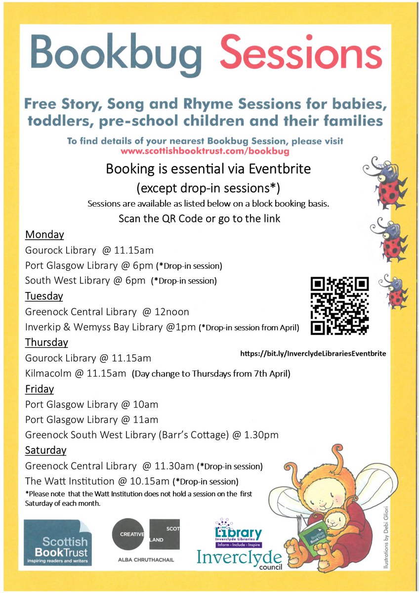 InverclydeLibs's tweet photo. Bookbug Announcement ๐ฃ
Our April block of #BookbugSessions will be available to book via our Inverclyde Libraries Eventbrite page on Tuesday 22nd March at 11am.
*Please note from April our #Bookbug @ Kilmacolm Library will be changing to a THURSDAY*
https://t.co/rWdZxPTFjR https://t.co/xwHQU9aml9