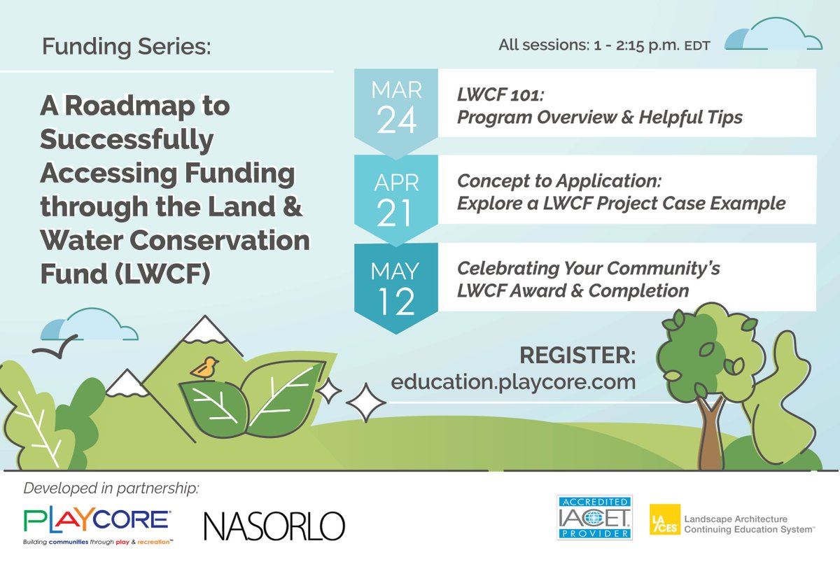 Join us for a 3 part webinar series that will arm your customers &amp; sales teams for success in securing Land &amp; Water Conservation Funds to create outdoor public spaces. Earn free CEUs by attending each session!

Register using the code "PARK"
tinyurl.com/LWCFWebinar