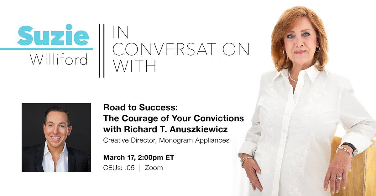 Live now on "In Conversation With...": NKBA EVP &amp; CSO Suzie Williford speaks with <a href="/RichardA2Z/">Richard Anuszkiewicz</a> of <a href="/MonogramAppl/">Monogram Appliances</a> &amp; Design Galleria Kitchen &amp; Bath Studio about his design career. Register: bit.ly/3IhTuyq