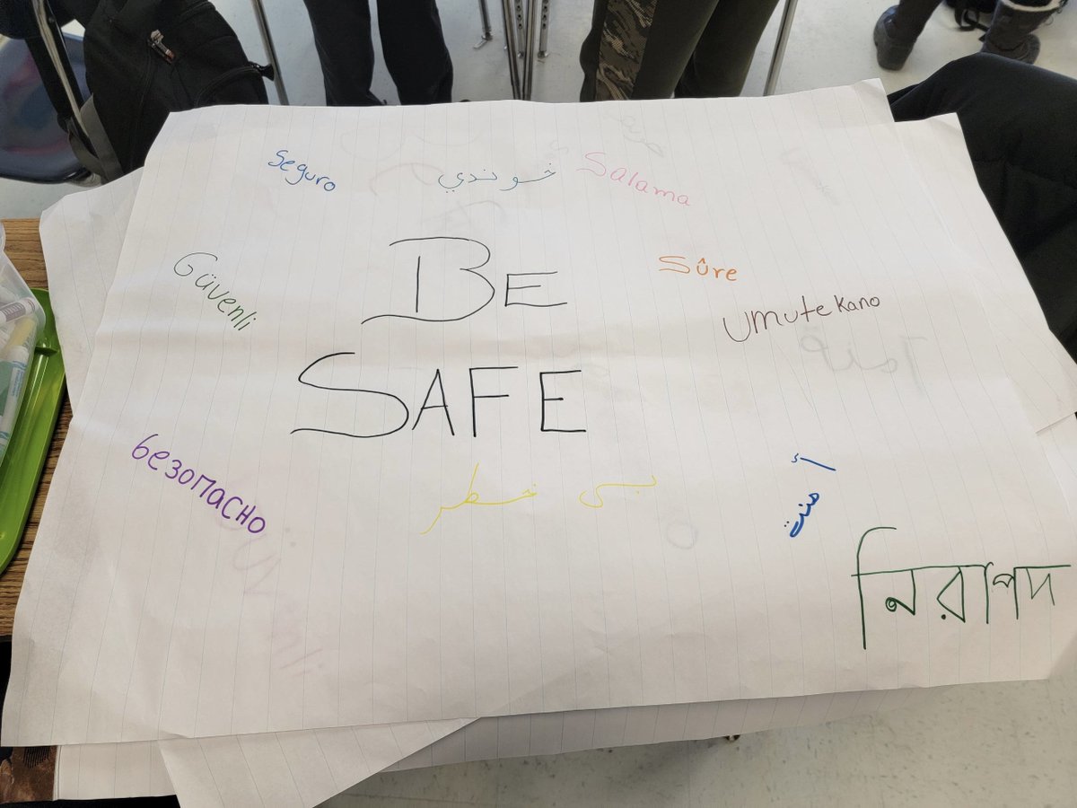 AIC_Dual's tweet photo. Mrs. Backes met with the student ambassadors for their first meeting.  They made posters in different languages stating to Be Safe, Be Respectful, and Be Responsible.  They also planned out how to help new students upon arrival to the AIC.@Albanyschools @AlbanyENL #allinforalbany https://t.co/z66EnI5WrL