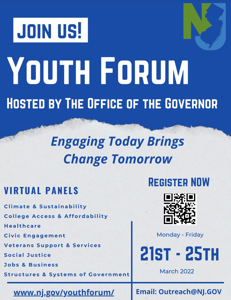 newjerseydems's tweet photo. 🚨Attention NJ youth– next week is the inaugural Youth Engagement Week hosted by the office of @GovMurphy! Join us for a week of virtual panels on Climate &amp; Sustainability, College Access &amp; Affordability, Healthcare and more. Visit https://t.co/m2iXpIJ9vR to learn more! https://t.co/7ZtNhZbr3V
