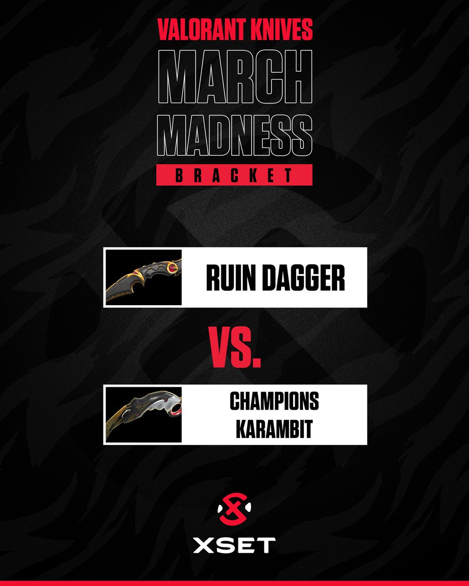 XSET's tweet photo. Your #ValorantMadness Championship. Which knife is taking it home? 👀

#RepTheSet❌ https://t.co/54faJouy4B