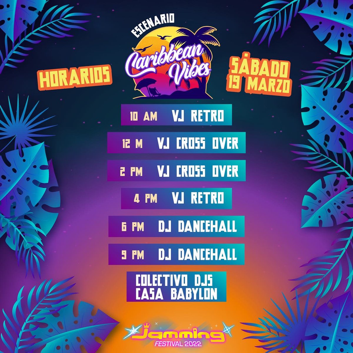FestivalJamming's tweet photo. 💥🤗 Llegó el momento de armar nuestro itinerario #JammingFestival2022 🤩🌴⚡
Estos son los horarios de la programación del escenario Caribbean Vibes ⭐ para el próximo sábado 19, domingo 20 y lunes festivo 21 de marzo 🥳 ¡Disfruta el mayor número de artistas que puedas! 🎷🔊🎶 https://t.co/oVLE6mmAOv