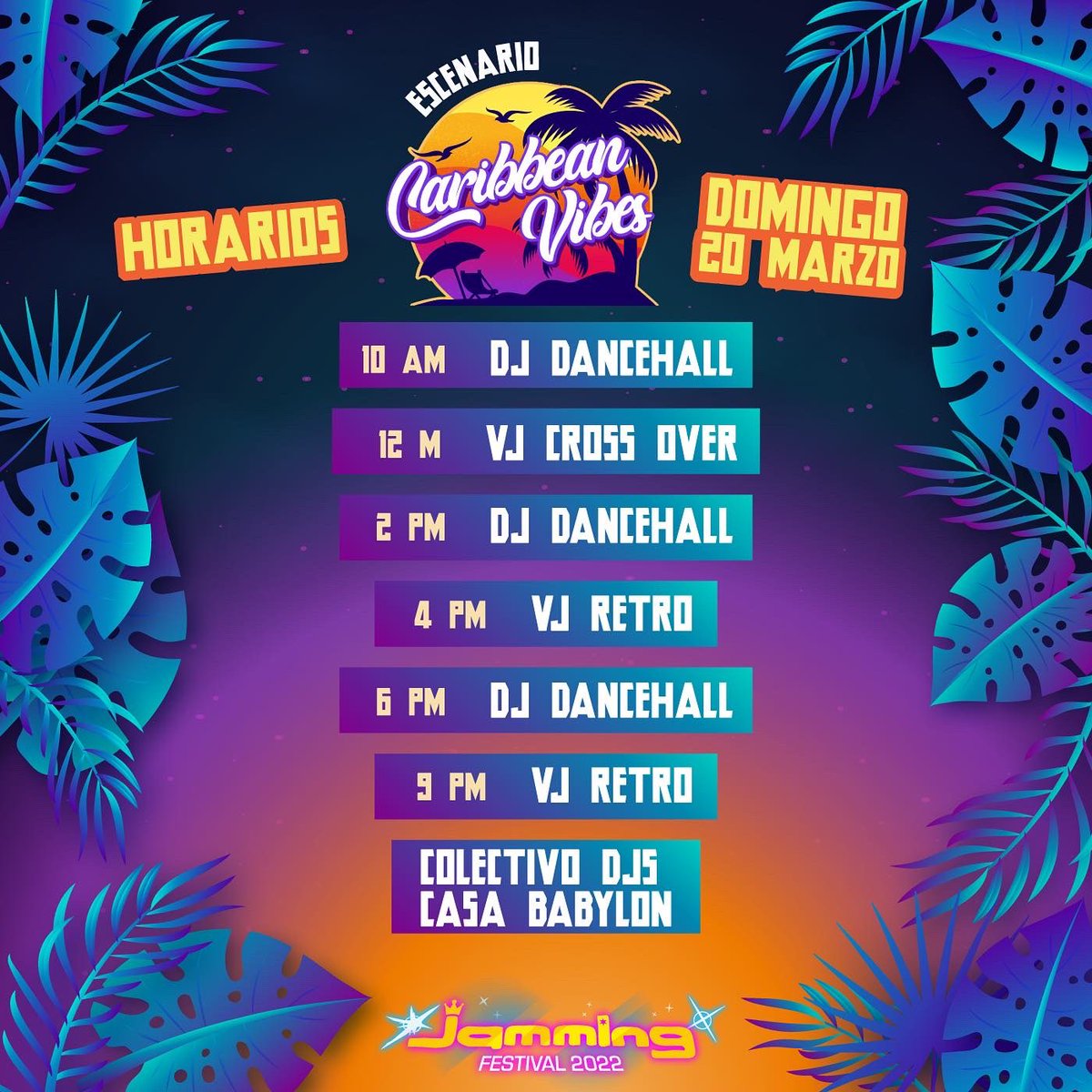 FestivalJamming's tweet photo. 💥🤗 Llegó el momento de armar nuestro itinerario #JammingFestival2022 🤩🌴⚡
Estos son los horarios de la programación del escenario Caribbean Vibes ⭐ para el próximo sábado 19, domingo 20 y lunes festivo 21 de marzo 🥳 ¡Disfruta el mayor número de artistas que puedas! 🎷🔊🎶 https://t.co/oVLE6mmAOv