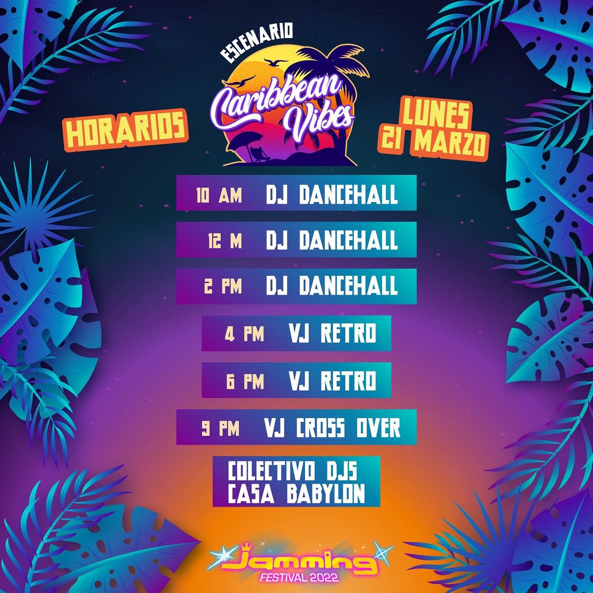 FestivalJamming's tweet photo. 💥🤗 Llegó el momento de armar nuestro itinerario #JammingFestival2022 🤩🌴⚡
Estos son los horarios de la programación del escenario Caribbean Vibes ⭐ para el próximo sábado 19, domingo 20 y lunes festivo 21 de marzo 🥳 ¡Disfruta el mayor número de artistas que puedas! 🎷🔊🎶 https://t.co/oVLE6mmAOv