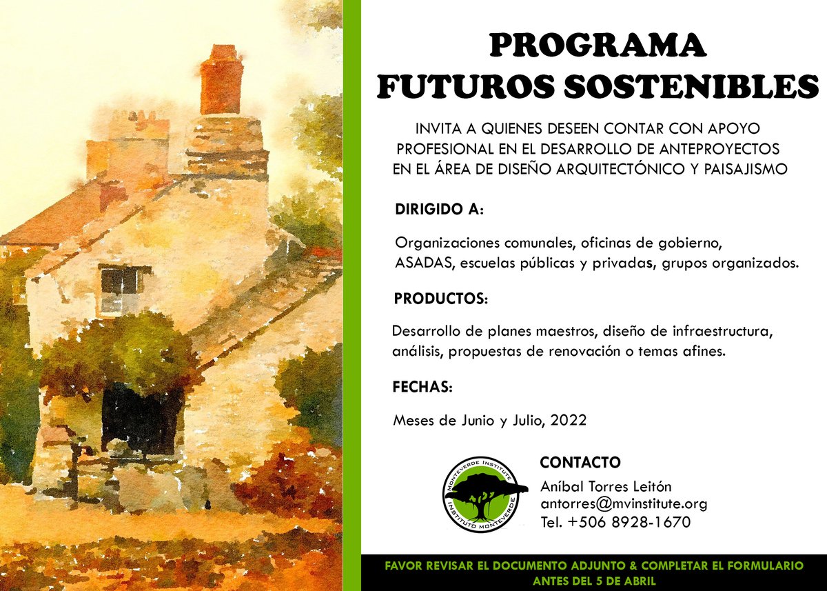 Convocatoria para el Programa Futuros Sostenibles, para anteproyectos enfocados en diseño arquitectónico y paisajismo.

Enlace para participar:  docs.google.com/document/d/1AY…

¡Hay tiempo hasta el 5 de Abril!