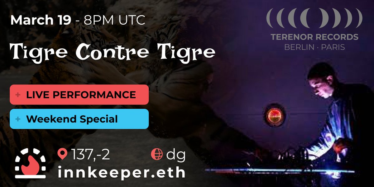 innkeeperdoteth's tweet photo. 📅 SATURDAY EVENT!

This MAR 19 at 8PM UTC, Tigre Contre Tigre is coming to the Inn! 

Join us for some relaxed ambient vibes and visuals from the duo by @Mauryoneoneone and @EgoreEgr.

(Heads up! ATM no melody currently planned for this Saturday event!)

https://t.co/53DfpsIas3 https://t.co/fD4VmEzuJZ