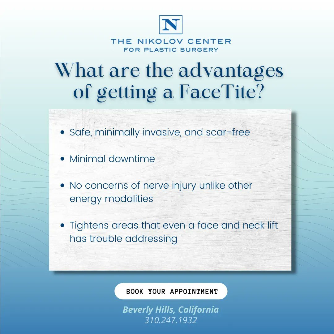DrNikolov's tweet photo. Look like you’re in your 20s again with the #FaceTite procedure. Say goodbye to wrinkles and fat for a more toned, #youthful appearance.

To learn more about FaceTite or to book a consultation, visit our website today. 

#cosmeticsurgery #plasticsurgery #losangelescosmeticsurgeon https://t.co/mINTsytPPX