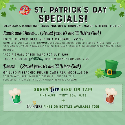 Big City Diner is celebrating the luck of the Irish with food and drink specials including their green Miller Lite beer and corned beef and cabbage. Shamrock and roll on over from 10am to 9pm. 🍀 PC: @bigcitydiner #stpatricksday #waipioshoppingcenter #hawaii