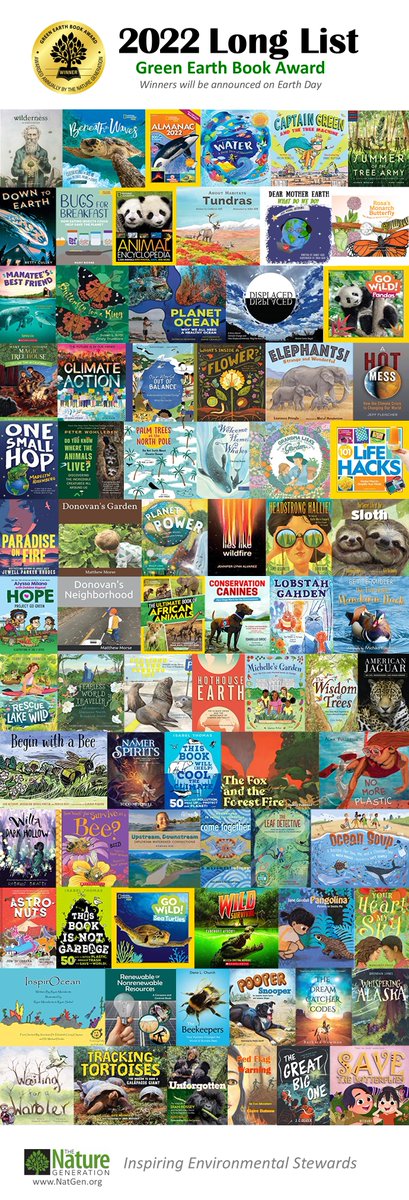 Proud to announce the 2022 Green Earth Book Award Long List!Thanks to the authors/illustrators who submitted their books this year.Short list announcement in early April, followed by the final winner’s announcement on Earth Day, April 22. See the list here:natgen.org/geba-long-list…