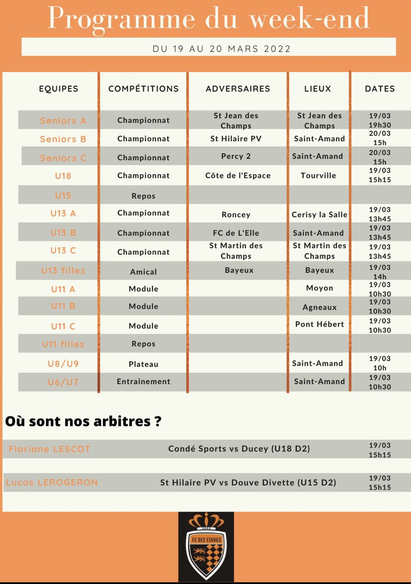 ⚽️PROGRAMME DU WEEK-END⚽️

Un gros match pour notre équipe réserve ce week-end✅

Reprise des championnats pour nos U13 après un week-end de challenge🏆