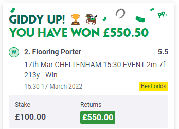 BennyBoyTips's tweet photo. ✅CHELTENHAM DAY 3 COMPLETE!

Another winner to add in winners enclosure with FLOORING PORTER romping home, what a horse.

Gold Cup 🏆 day tomorrow and it's going to be my biggest day yet, so make sure you don't miss out...

📱Follow me @BennyBoyTips 
🔔Turn on post notifications https://t.co/iSsq1obDLY