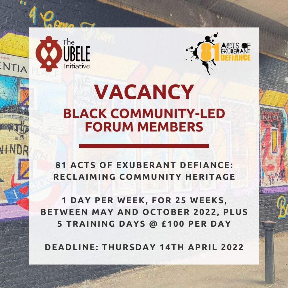 VACANCY📢
BLACK COMMUNITY-LED FORUM MEMBER

Reclaiming Community Heritage, made possible with <a href="/HeritageFundUK/">The National Lottery Heritage Fund</a>, &amp; led by a partnership of community organisations, including <a href="/ubeleinitiative/">The Ubele Initiative</a>, is looking for 7 FORUM MEMBERS ubele.org/news/2022/3/17…

DEADLINE: THURSDAY 14TH APRIL 2022