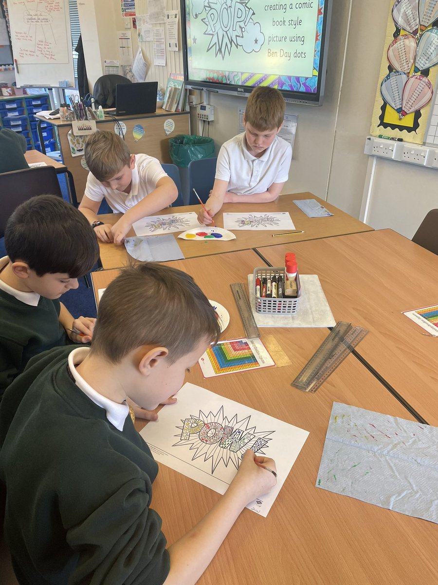 Y4Spa's tweet photo. Juniper Class all loved their Art lesson this afternoon. The lesson was based on the famous painter Roy Lichtenstein and his Ben Day Dot technique and POP Art! Some amazing pieces of Artwork shall be finished next week! 🎨 🖌 🖼 @Y4Spa @SpaldingPriAcad @InfinityAcad https://t.co/9ndfqBPopZ
