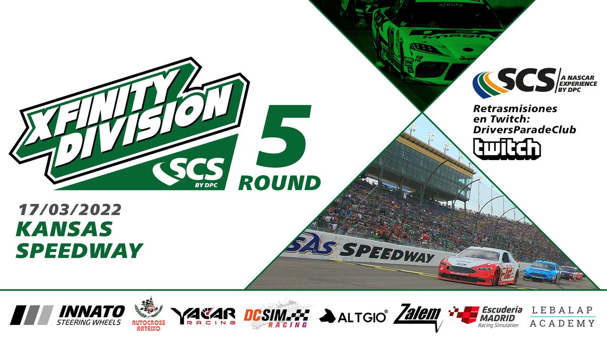 🏆STOCK CAR SERIES 2022🏆

🥈XFINITY DIVISION🥈

Quinta carrera de la temporada. ¡Noche de nuestra querida Xfinity Division!

📍Kansas
⏰21:35h (Madrid)
📺Retransmisión oficial: twitch.tv/driversparadec…
⌚️Live Timing: livedpc.noflyarea.es

¡TE ESPERAMOS!