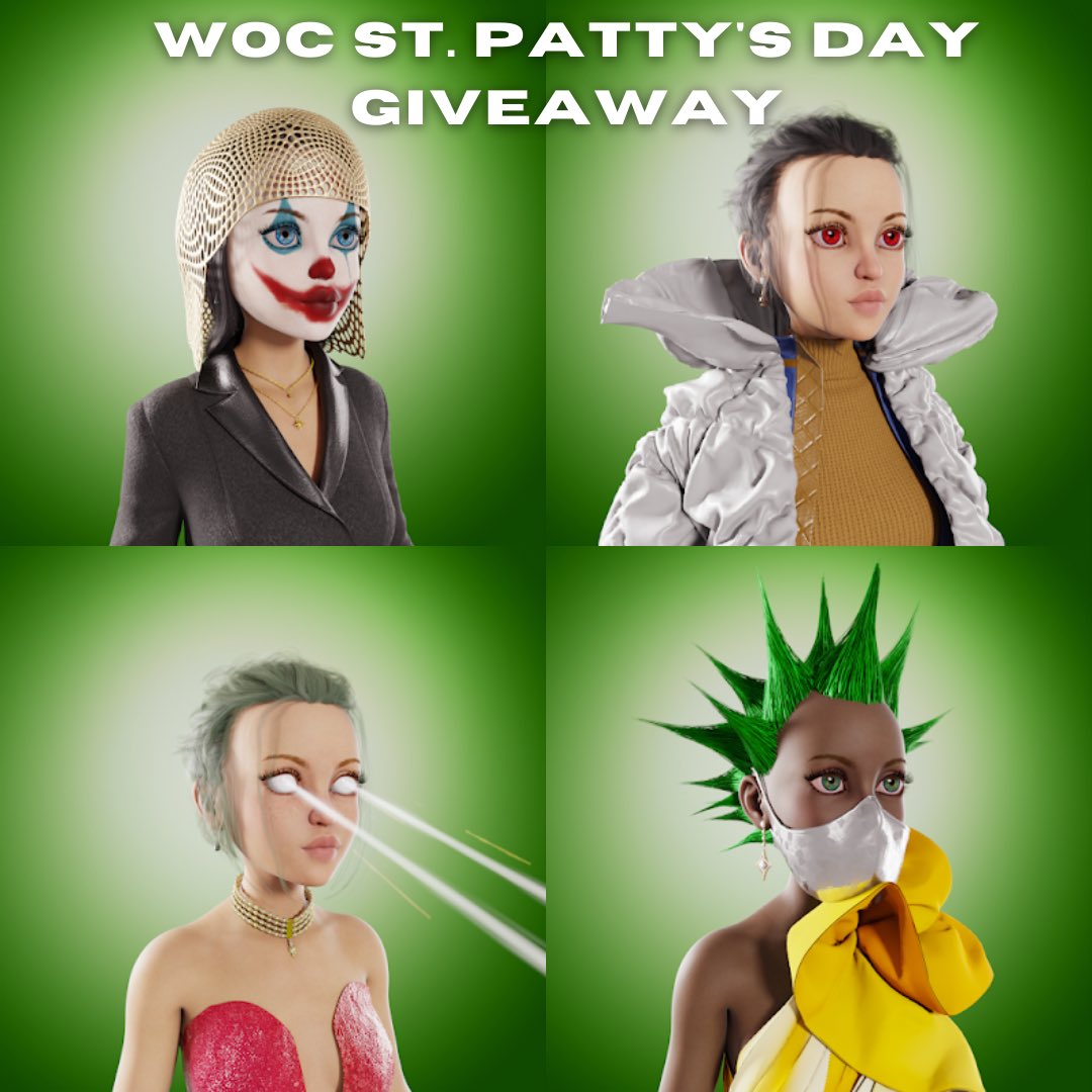 The Women of Crypto (@womenofcrypto_) on Twitter photo 💚🎉 WOC St. Patrick’s Day Giveaway!!
💚 In spirit of St. Patty’s day, we are giving away 1x green Women of Crypto avatar
To enter:👇
1) Follow <a href="/womenofcrypto_/">The Women of Crypto</a> & @amysarchive1
2) Tag 3 friends below 🥰🍀
3) RT & 1 Winner will be announced tmro 12 PM pst 💚🎉 WOC St. Patrick’s Day Giveaway!!
💚 In spirit of St. Patty’s day, we are giving away 1x green Women of Crypto avatar
To enter:👇
1) Follow <a href="/womenofcrypto_/">The Women of Crypto</a> & @amysarchive1
2) Tag 3 friends below 🥰🍀
3) RT & 1 Winner will be announced tmro 12 PM pst