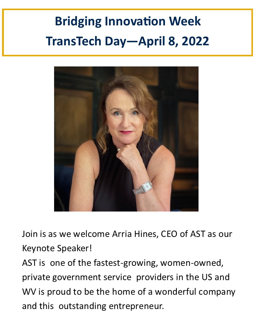 TransTechEnergy's tweet image. Only a few short weeks until the Bridging Innovation Week in Charleston, WV! Join TransTech as we welcome our keynote speaker Arria Hines to the TransTech Day on April 8th.