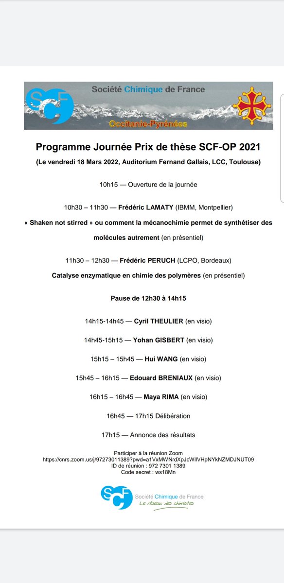 Beau programme demain pour la Journée du Prix de thèse SCF-OP 2021, <a href="/RjScf/">RJ-SCF Occitanie Pyrénées</a>, avec des conférences par <a href="/FredericPeruch/">Frédéric PERUCH</a> et <a href="/FredLamaty/">Frédéric Lamaty 🇪🇺</a> ! Venez nombreux ! Exciting presentations ahead !