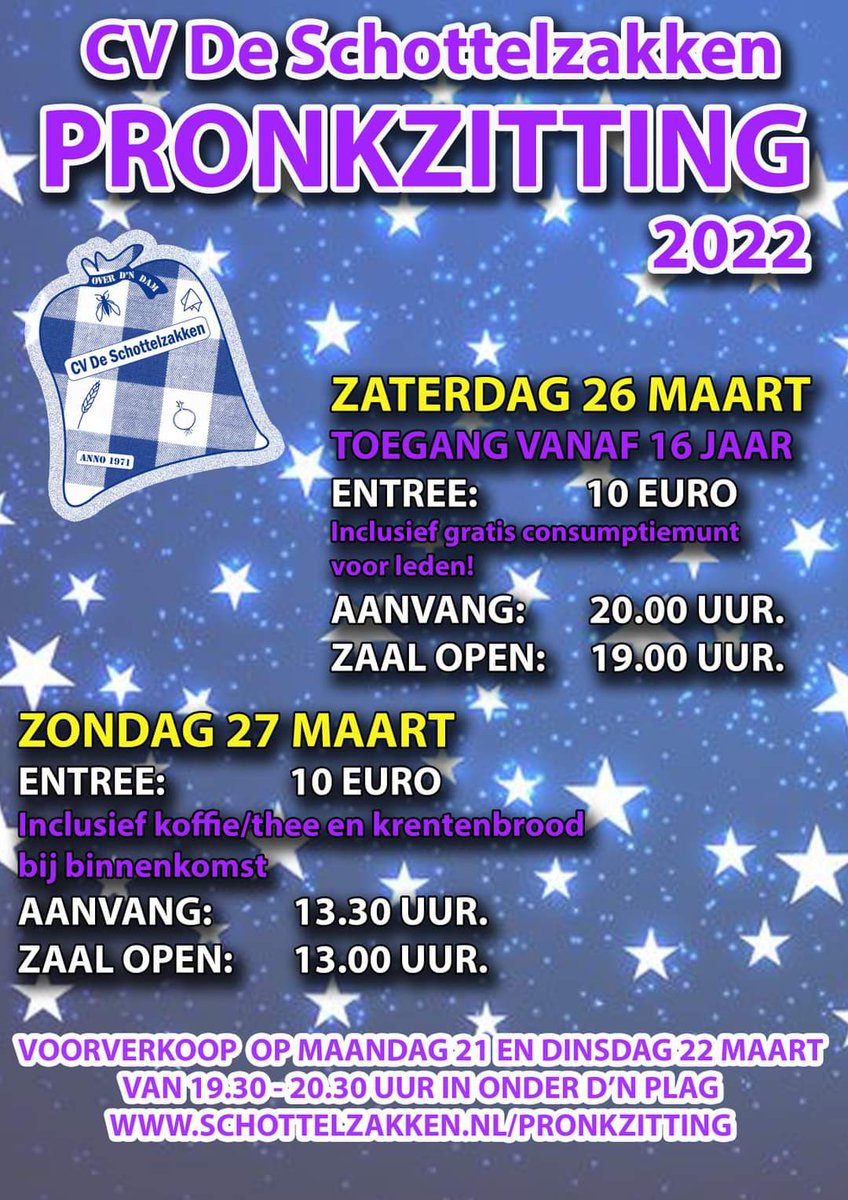 Over iets meer dan een week zal er gepronkt gaan worden op het podium! Het beloofd weer een hele leuke avond te worden met een diversiteit aan acts! Ben jij ook bij onze Pronkzitting '22 ? Aanstaande maandag start de voorverkoop.