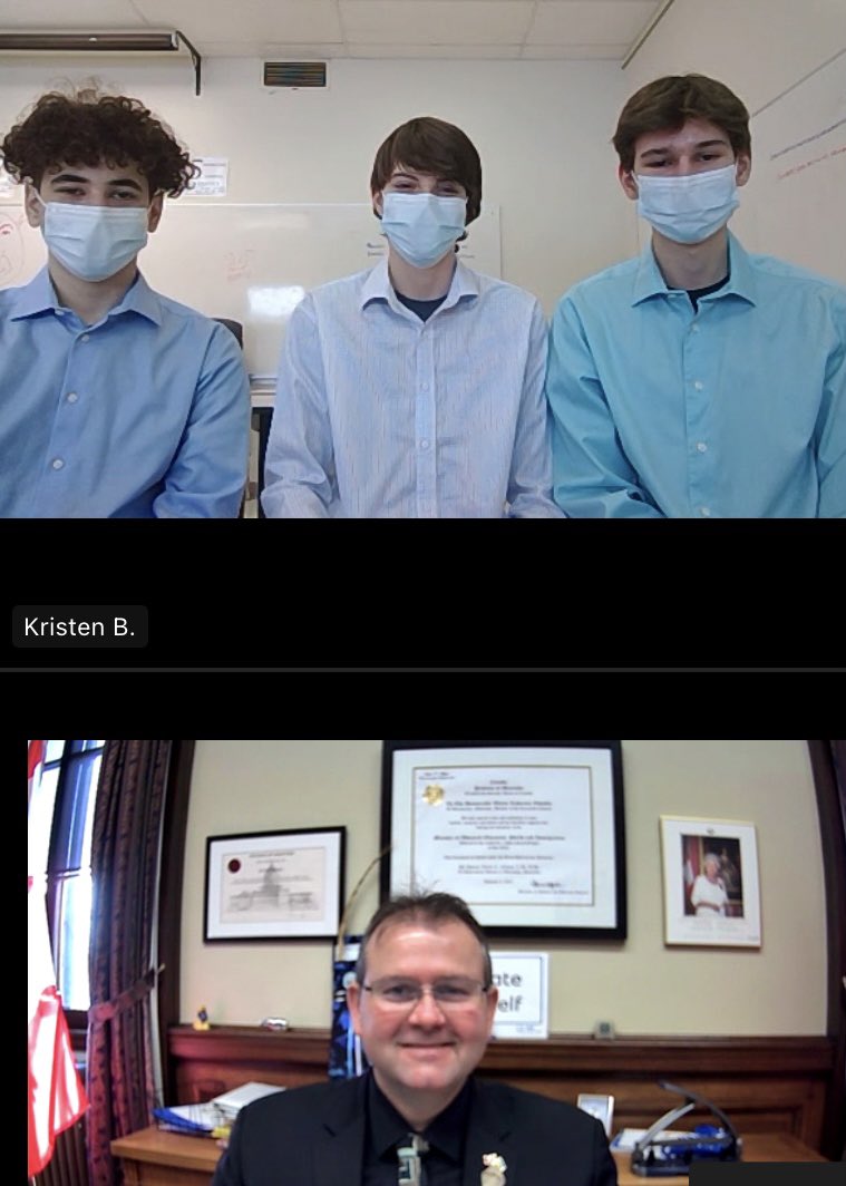 minewasko's tweet photo. Honoured to meet virtually with the wonderful Grade 9 Students @nmcLRSD to listen to their presentations on “How Should Canada Be Governed.” Great work! @louis_riel_sd #mbpoli #educationiskey https://t.co/YZdkMBdgwO