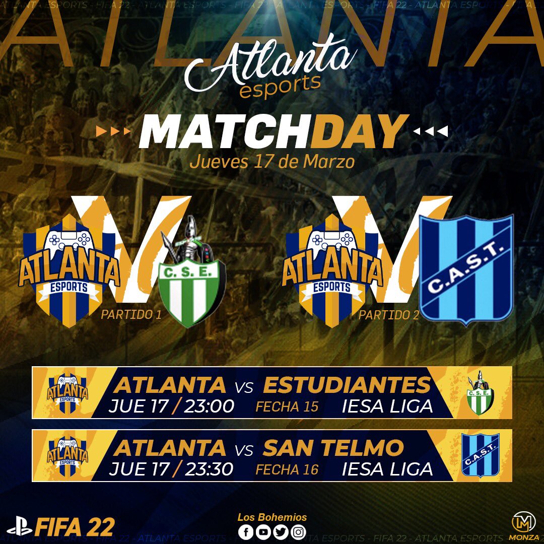 eSport_Atlanta's tweet photo. ¡Día de partido! 🔥
@iesafifaar
📅 17 de Marzo
⏱ 23:00 / 23:30
📺 En vivo en YouTube
https://t.co/pBffpgE3uv
#VamosBohemio
#ClubAtleticoAtlanta
Club Atlético Atlanta - oficial
Diseñador: @monza_design https://t.co/PqGTcG6Loh