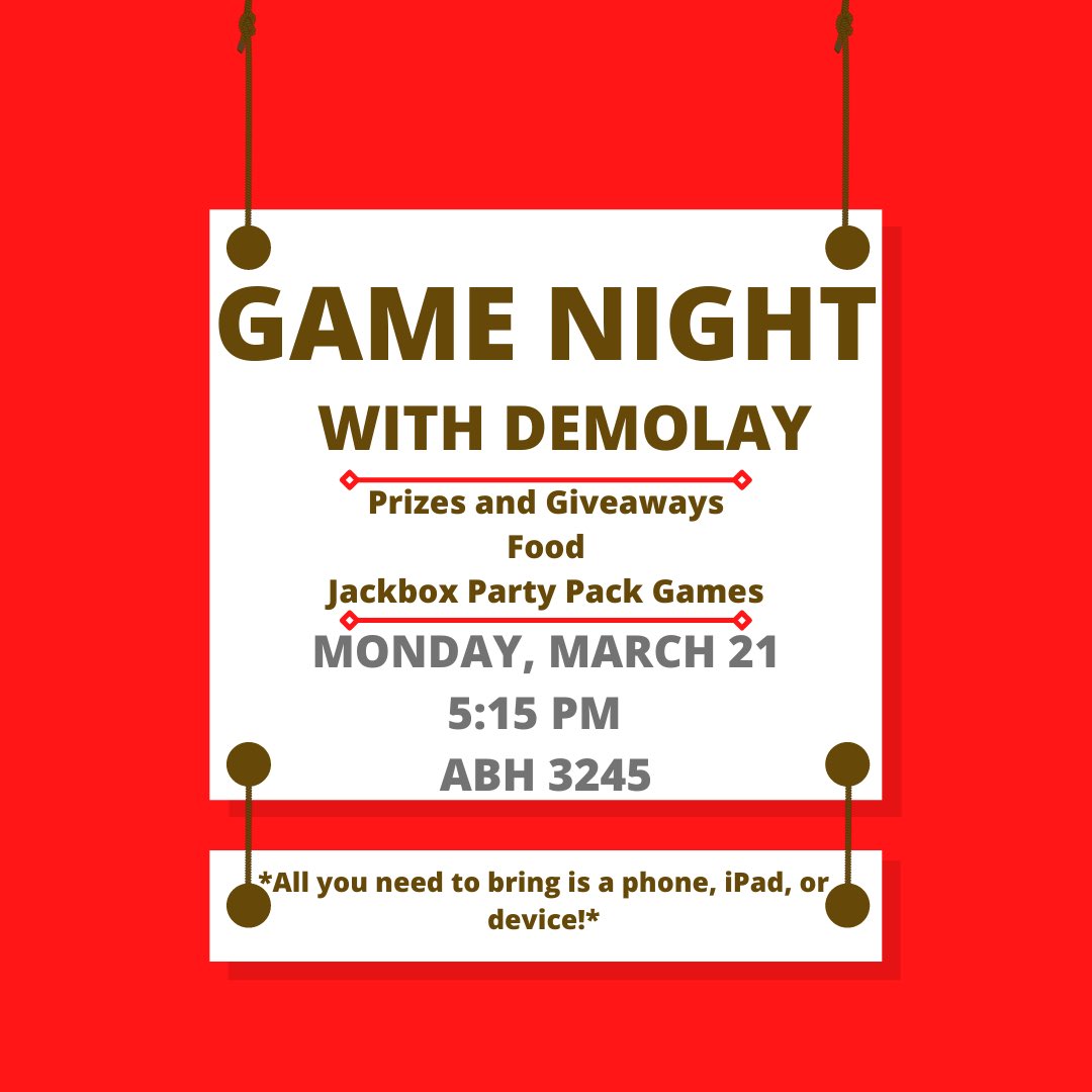 MUDeMolay's tweet photo. Join us next Monday for a game night! We will have lots of prizes, and all you need to bring is a phone, iPad, or device to play! https://t.co/UbSZO4galk