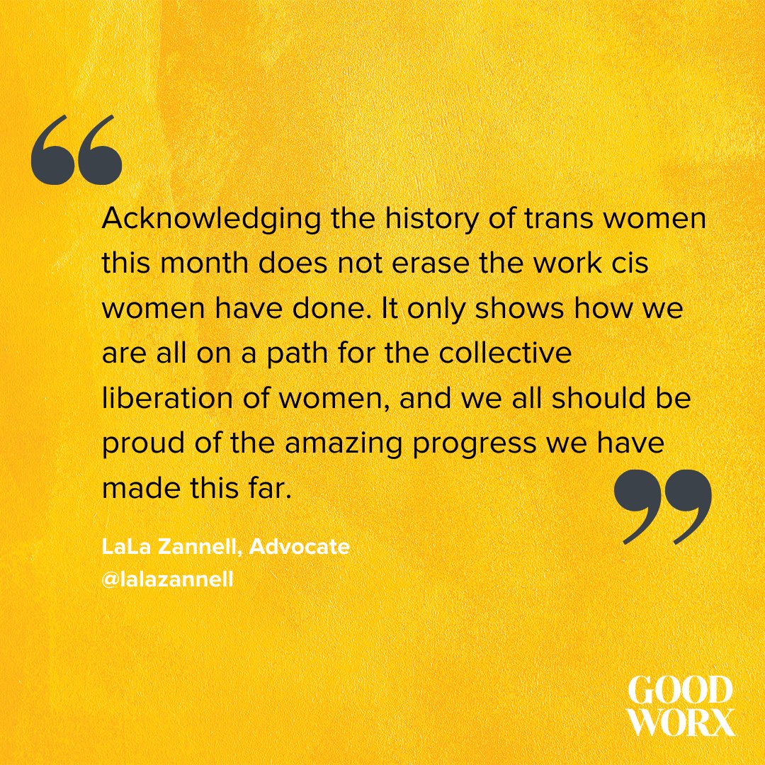 Intersectional feminism means inclusion of trans women, who have historically been excluded from feminist celebrations and women's rights movements. <a href="/LaLaZannell/">LaLa'sWorld™</a>, trans advocate and organizer at the <a href="/aclu_nationwide/">ACLU</a>, reminds us of the importance of collaborative feminist action.