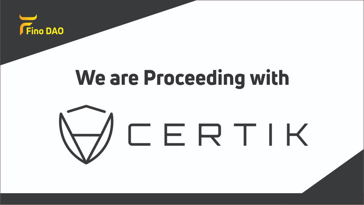 Fino_DAO's tweet photo. At FinoDAO, we are hyperfocused on security.  

That's why FinoDAO is currently under its second audit, this time by Certik - a leading smart contract and blockchain code auditor.

The wait is over, Expecting Onboarding announcement from @CertiKTech soon. https://t.co/hjW3bqDUQl