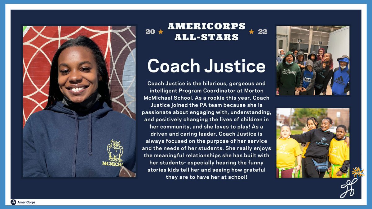 It's #DayofTheA, the perfect day to celebrate the Amazing Coach Justice! Thank you for bringing your A game to your service and community everyday! #AmeriThanks #GettingThinngsDone #Playworks