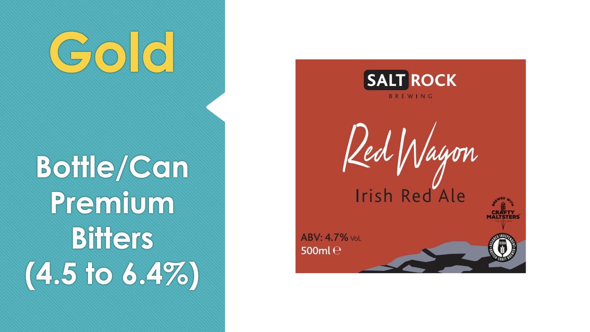 The gold winner in the Bottle/Can Premium Bitters (4.5 to 6.4%) category is... Saltrock Brewing Company in Dunfermline for their Red Wagon. #beerx2022