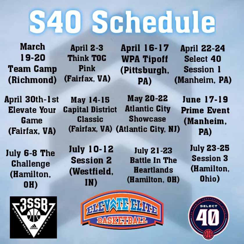 AnthonyCooch's tweet photo. Here is the schedule for Elevate Elite 17u Select 40. Talented group of girls.  Come check us out! @Elevate_Elite @NOVA94Feet https://t.co/zmeWUANOa3